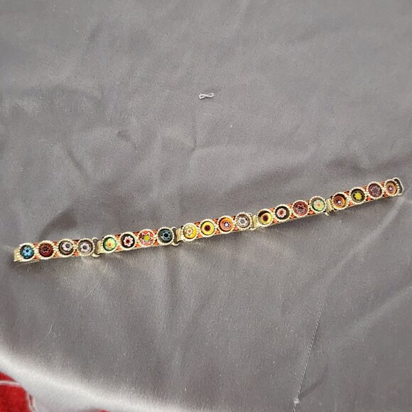 Unsigned Vintage Gold Tone Italian Micro Mosaic Five Link Hinged Floral Bracelet - Picture 2 of 16